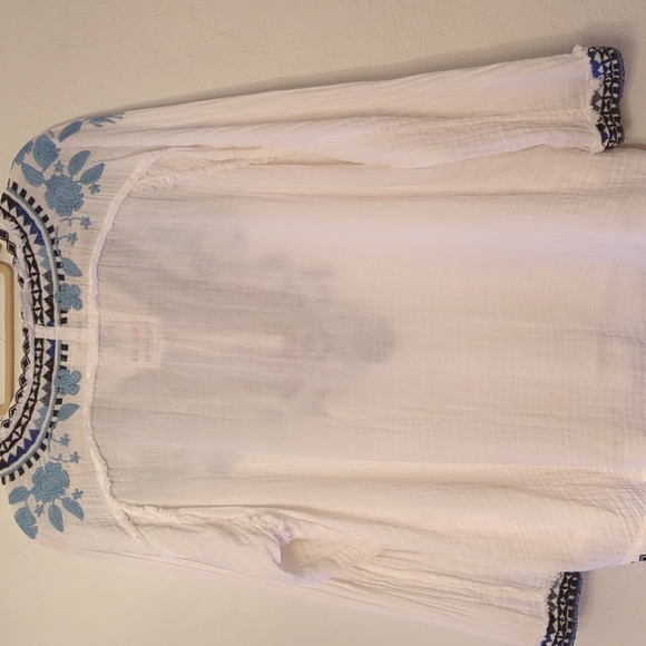Johnny Was White & Blue Bohemian Gauze Oversized Embroidered Beachy Tunic XS - Picture 8 of 8